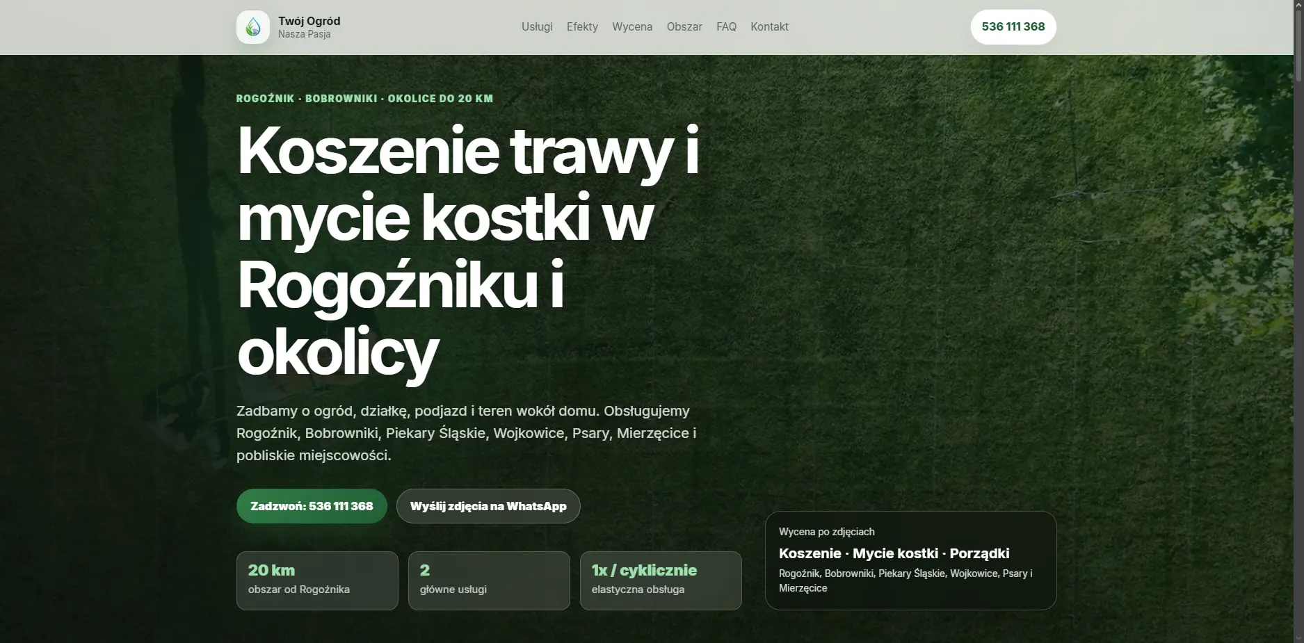 Strona internetowa dla firmy oferującej koszenie trawy i mycie kostki